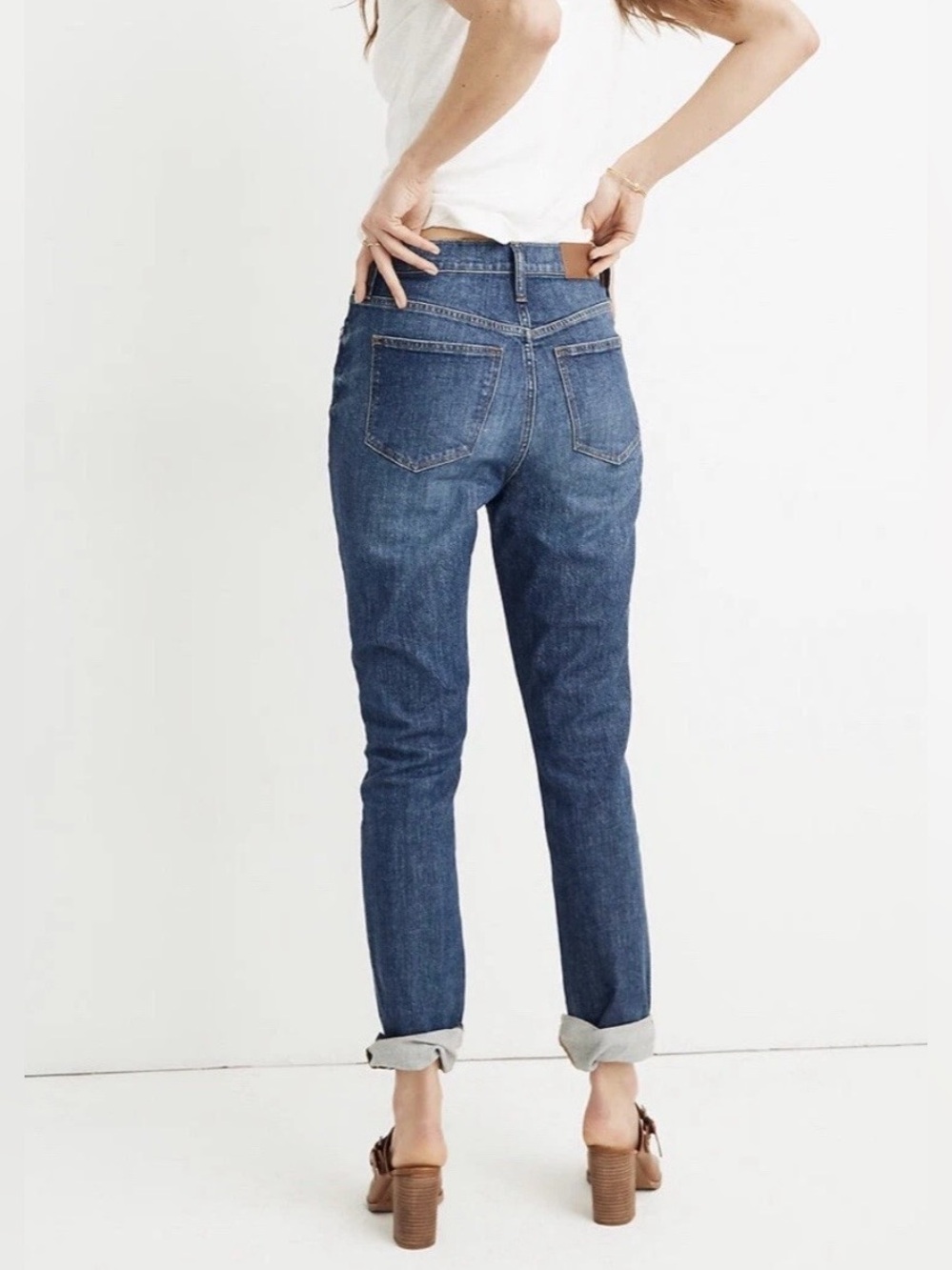 Madewell The Hise Rise Slim Boyjean In Medium Blue Strech Denim with Brown Patch